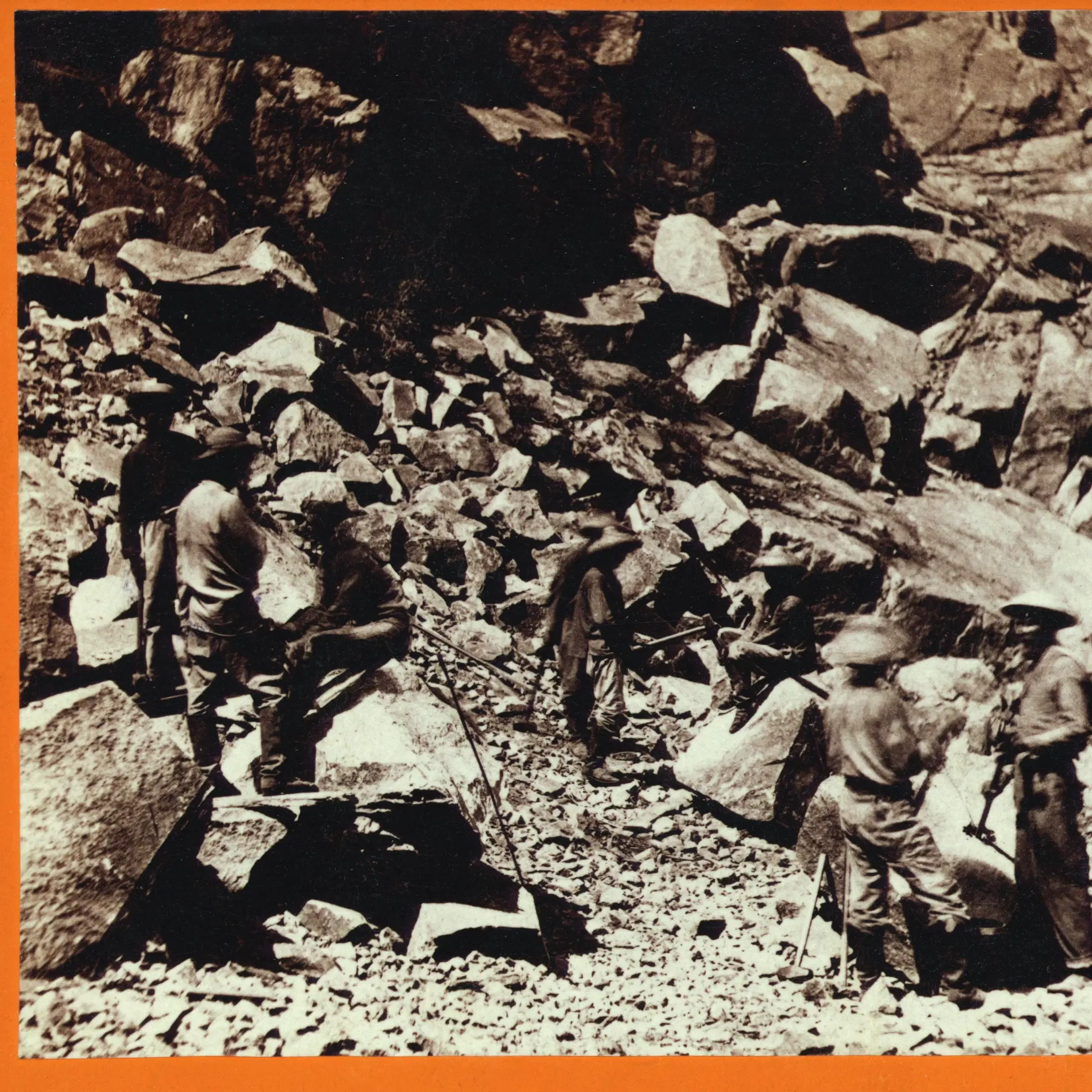 Railroad laborers working among rocks near the opening of Summit Tunnel in the Sierra Nevada.