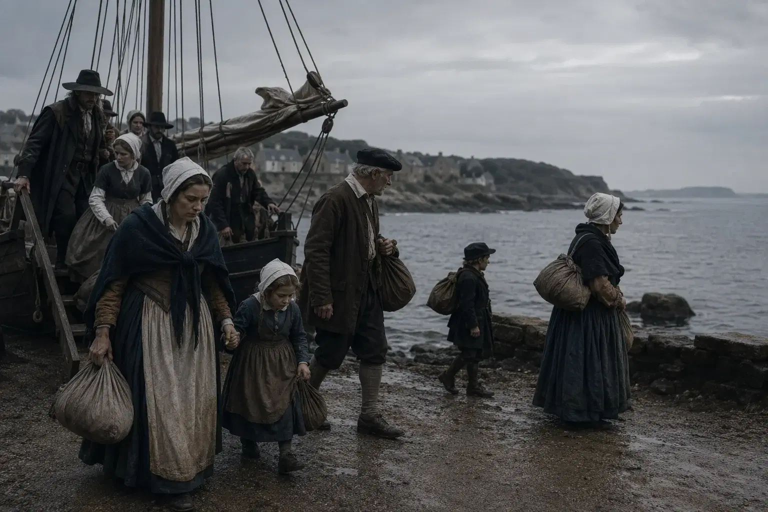Historical illustration of French Huguenot refugee families arriving on the English coast in 1685.