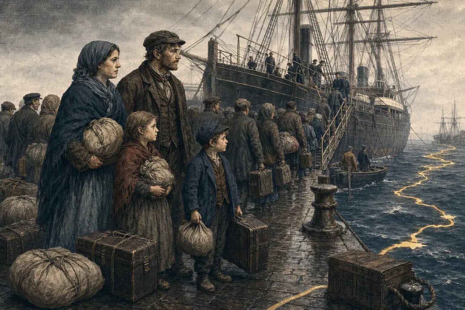 Illustration of an Irish family waiting beside a packet ship in 1847.
