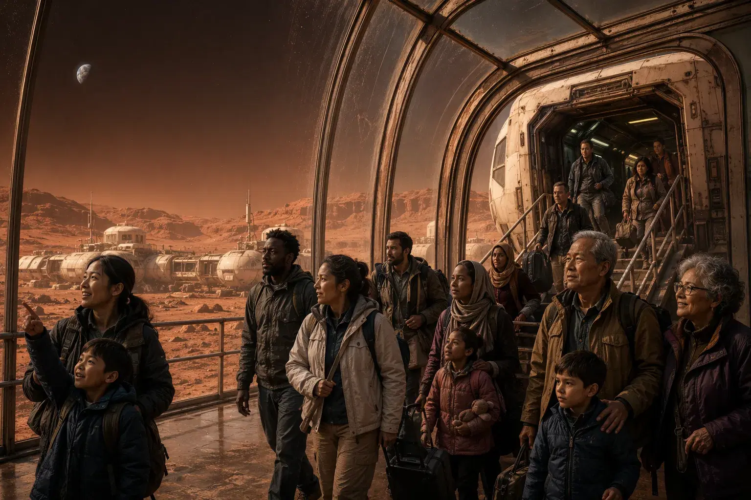 Speculative image of diverse civilian families arriving at a Mars colony in 2050.