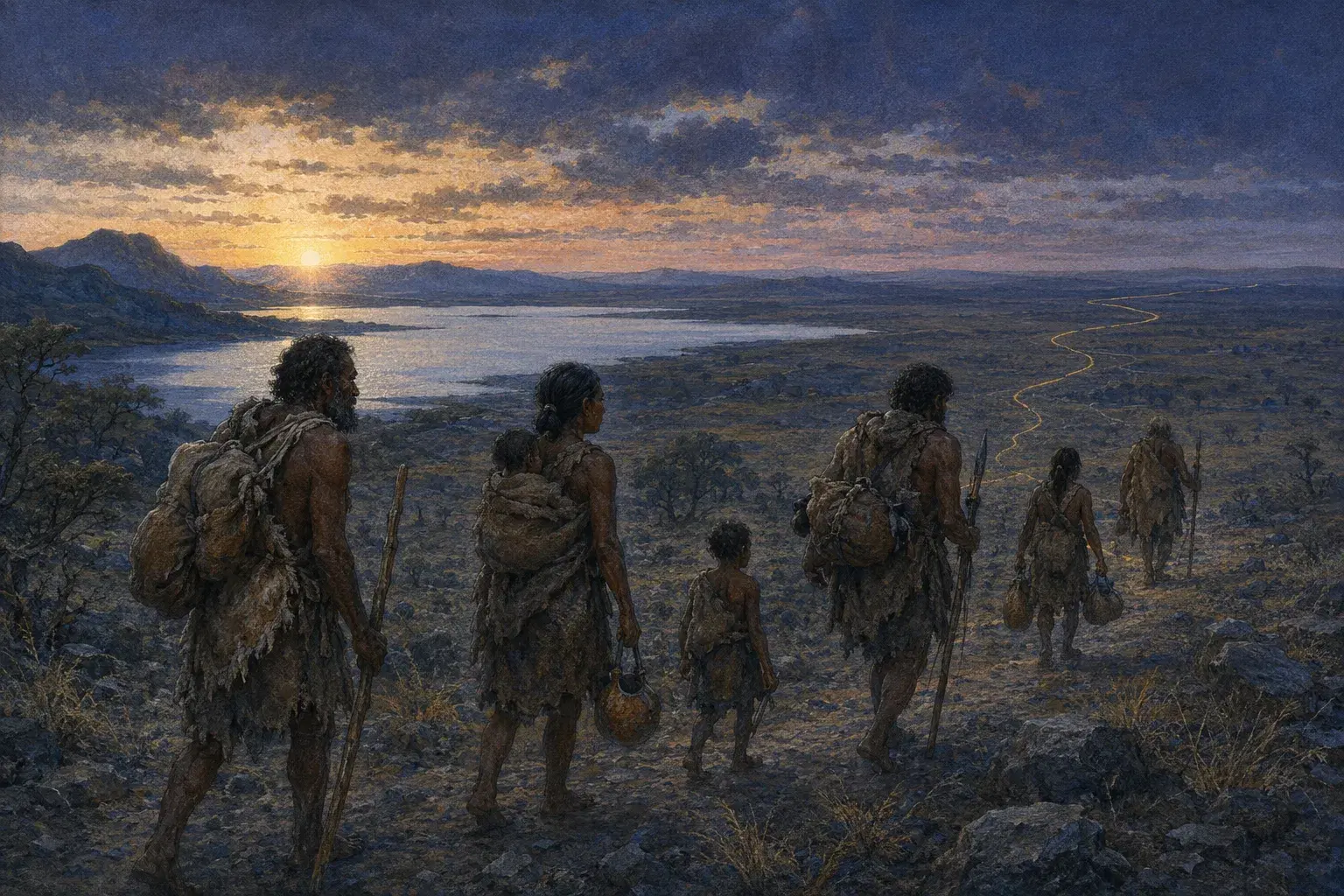Illustration of a multigenerational group walking across an East African lake valley at dawn.