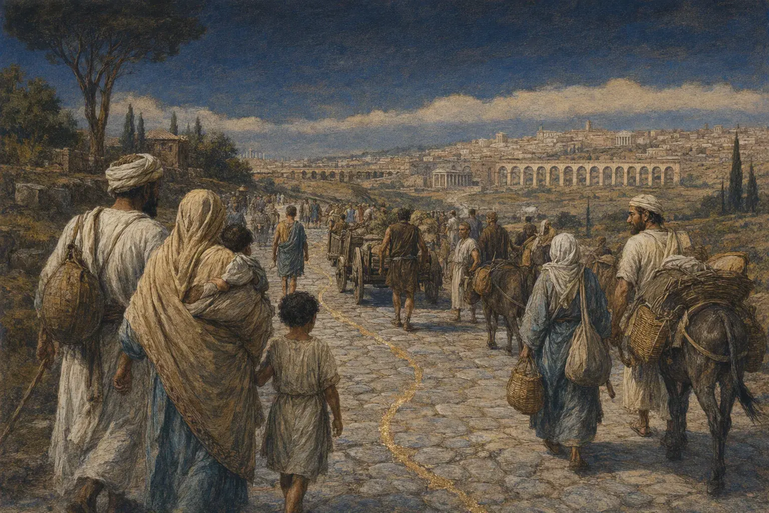 Illustration of North African, Levantine, and European travelers on a Roman road.
