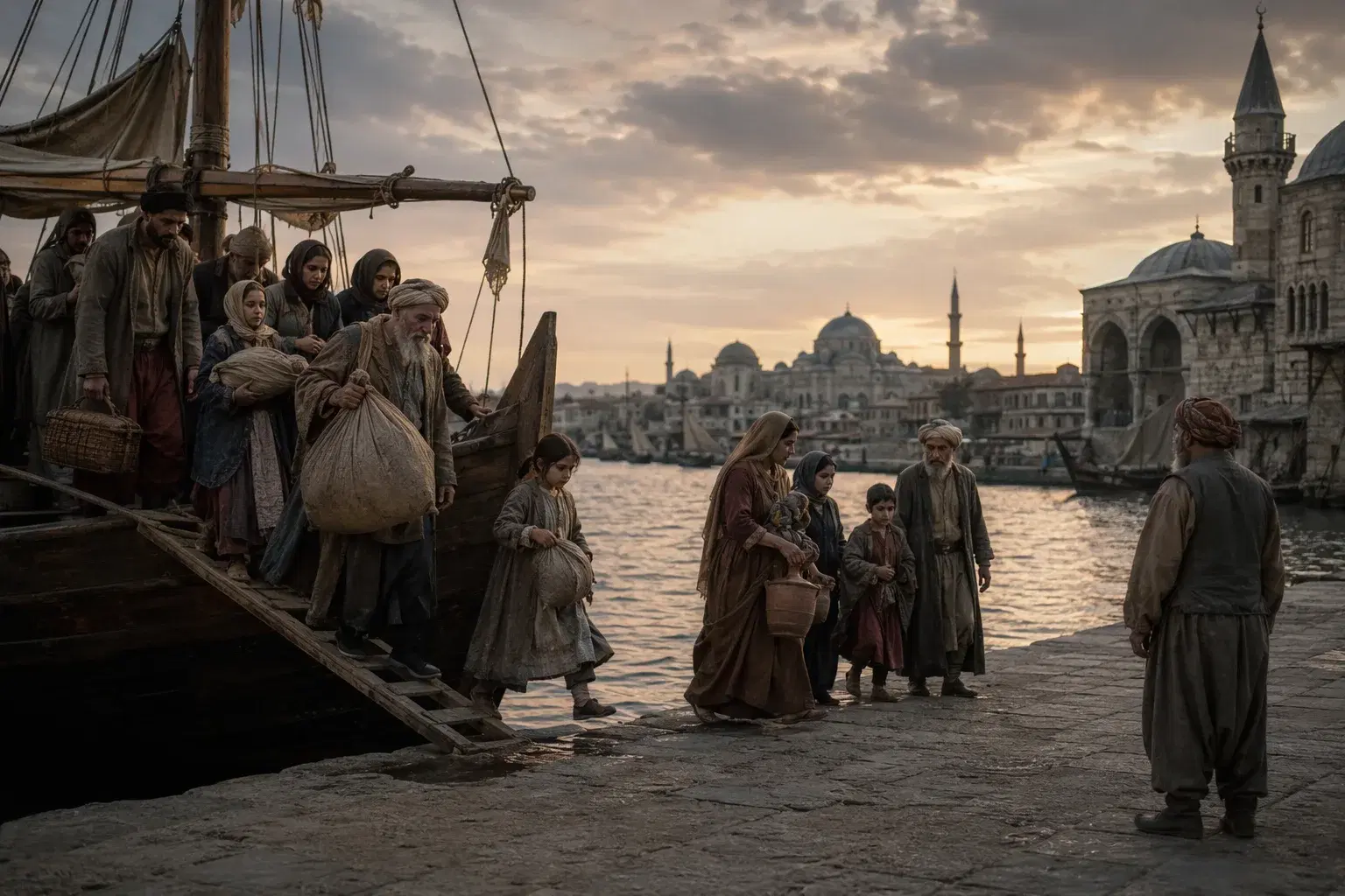 Historical illustration of Sephardic Jewish families arriving at an Ottoman Mediterranean port in 1492.