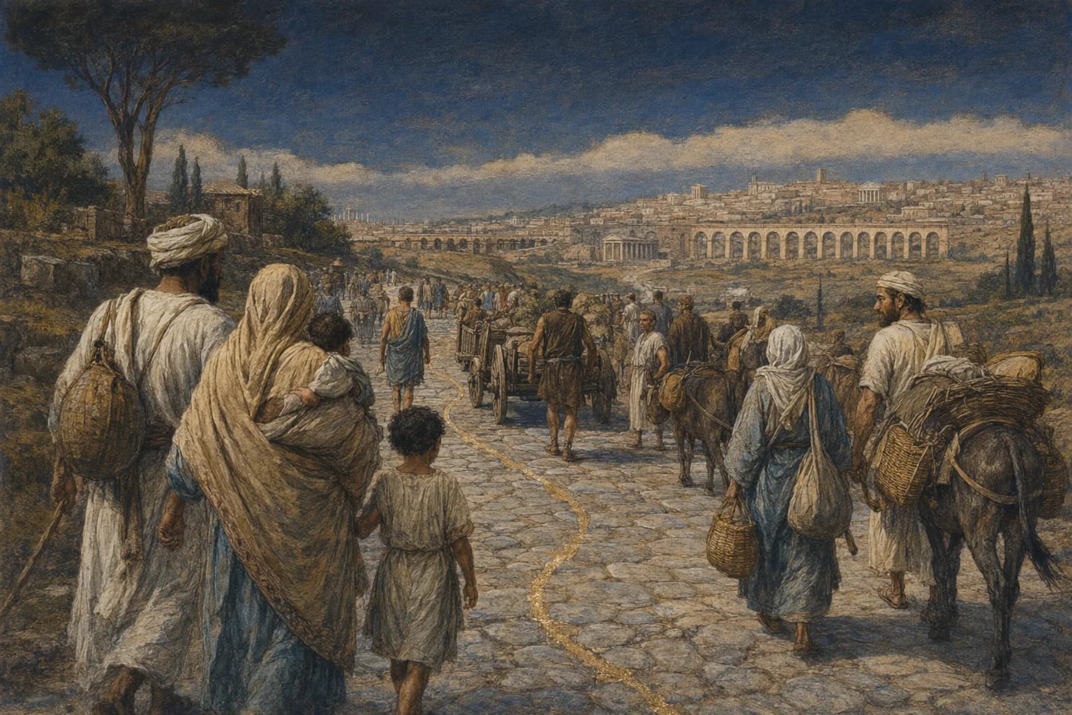 Illustration of North African, Levantine, and European travelers on a Roman road.