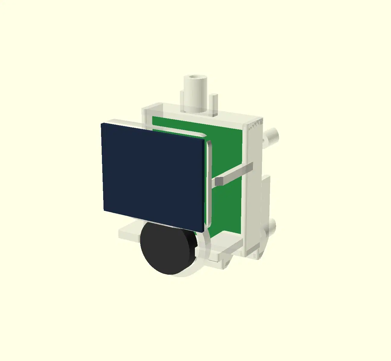 CAD component layout showing the NFC board, main PCB, speaker, battery, USB-C connector, and internal chassis