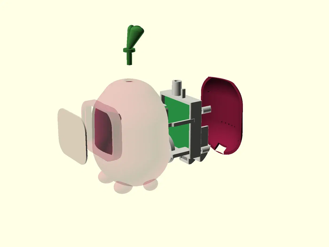 Exploded CAD view showing the Shamandar shell, face plate, internal chassis, electronics, rear cover, and leaf button
