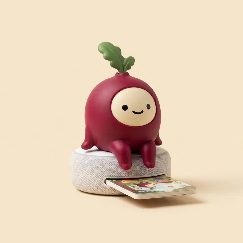 Early product rendering of the Shamandar beetroot character on a speaker base with an NFC card