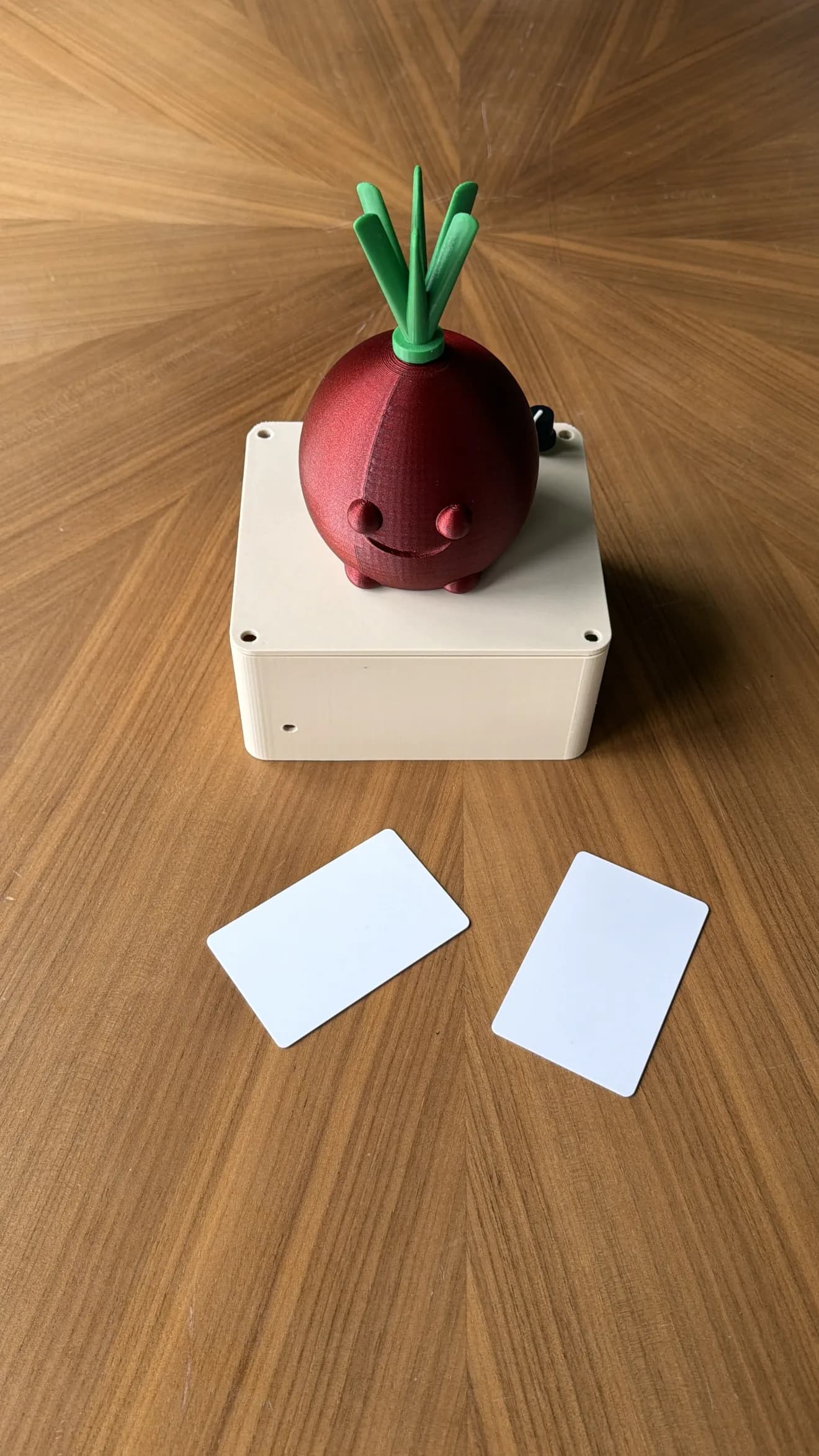 Working Shamandar beetroot audio prototype on its electronics enclosure with two NFC cards